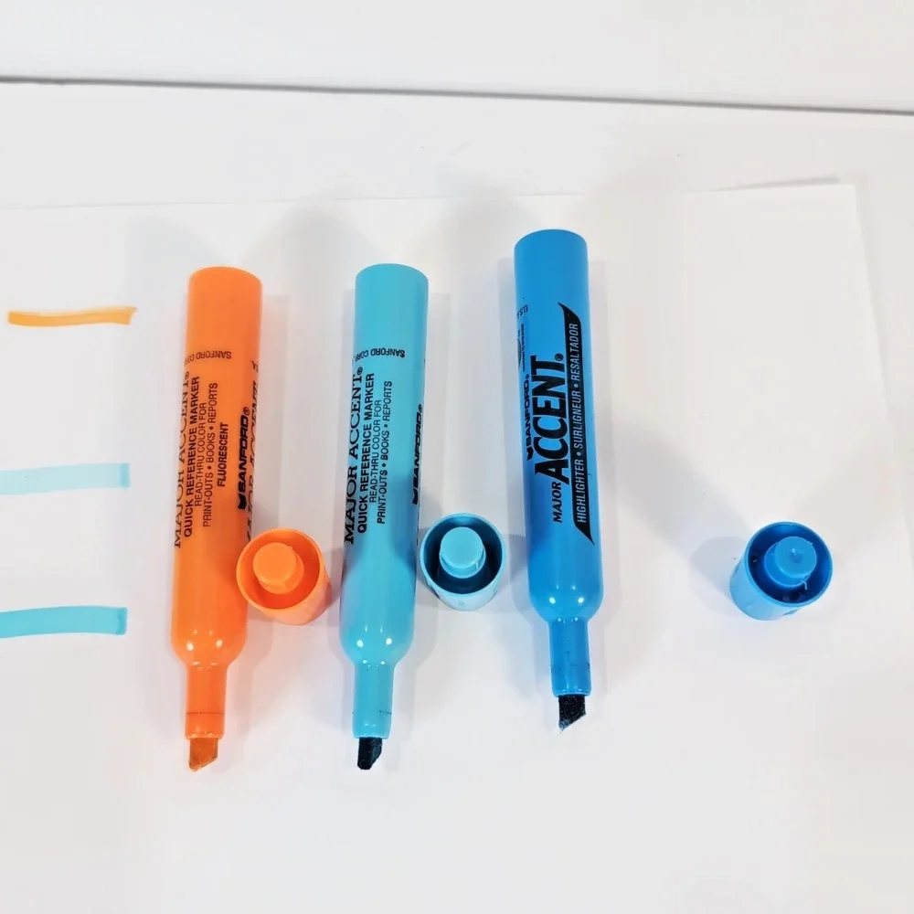 Vintage Sanford Major Accent Highlighters Set Broad Point Dk Blue Lt Blue Orange